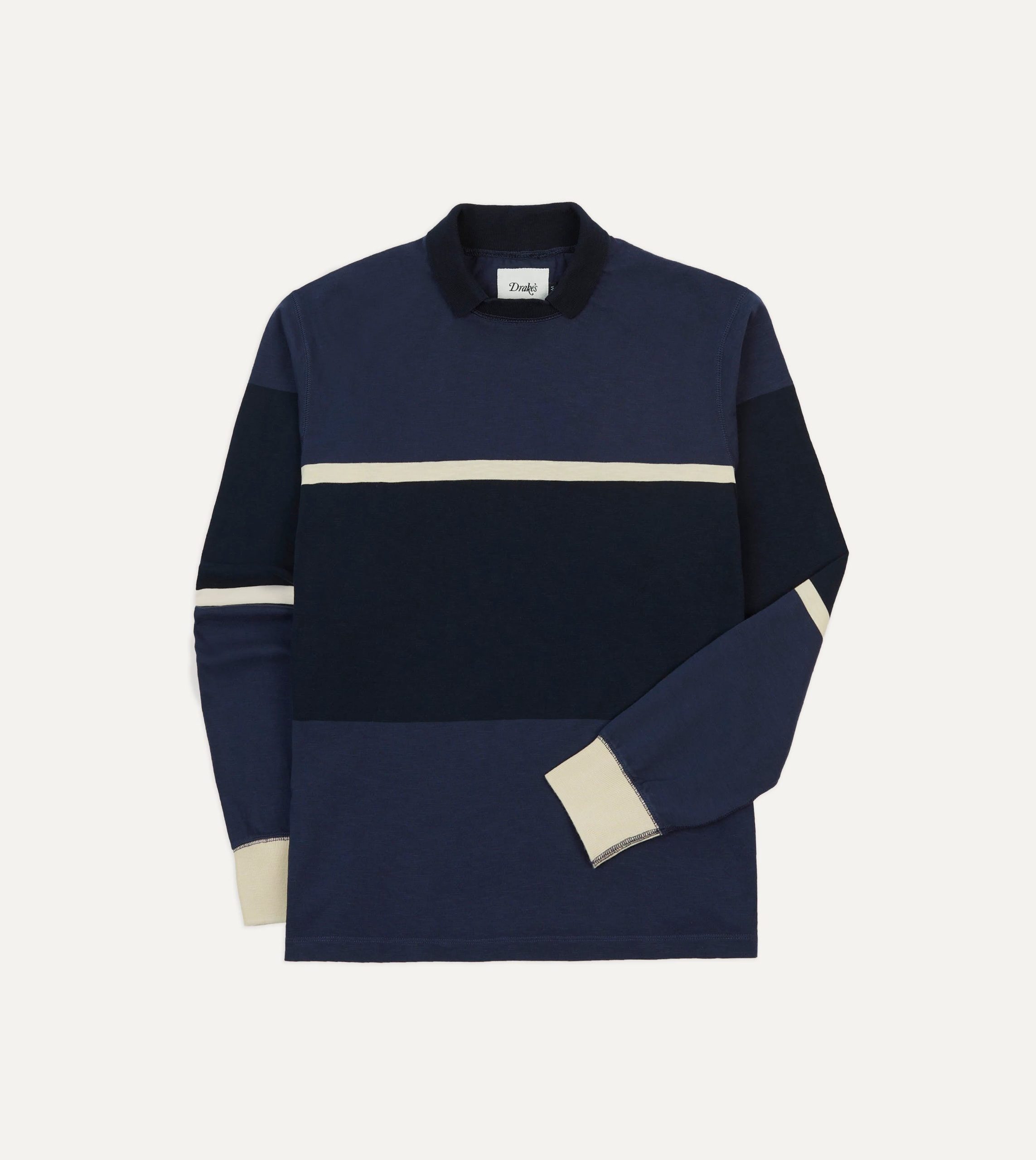 Navy and Ecru Stripe Mock Collar Long-Sleeve Jersey