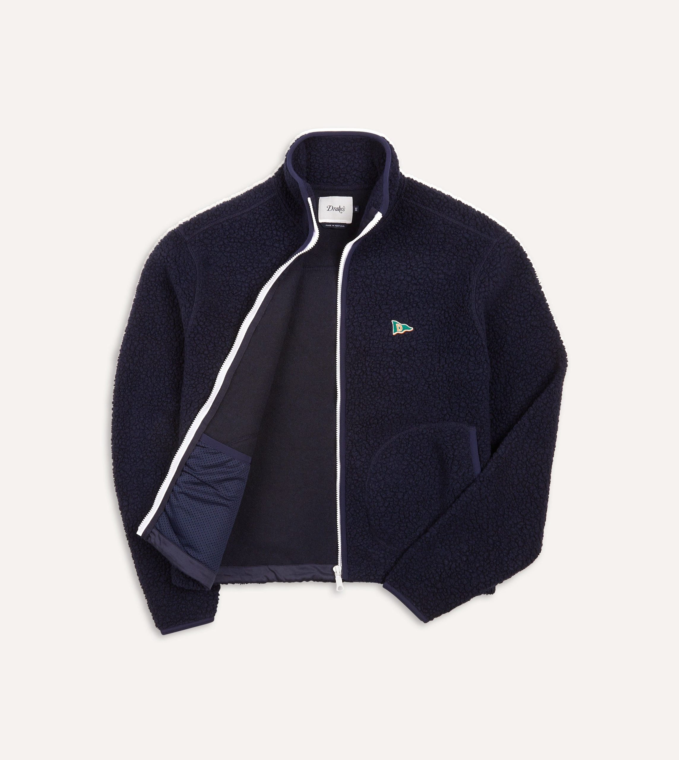 Navy Boucle Wool Zip Fleece Jacket - Image 3