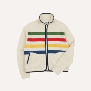 Ecru Stripe Boucle Wool Zip Fleece Jacket