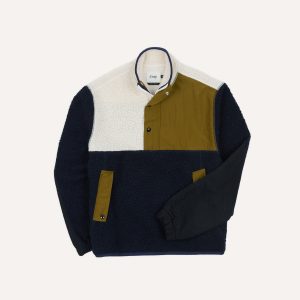 Navy. Ecru and Khaki Boucle Wool Half-Zip Fleece Jacket