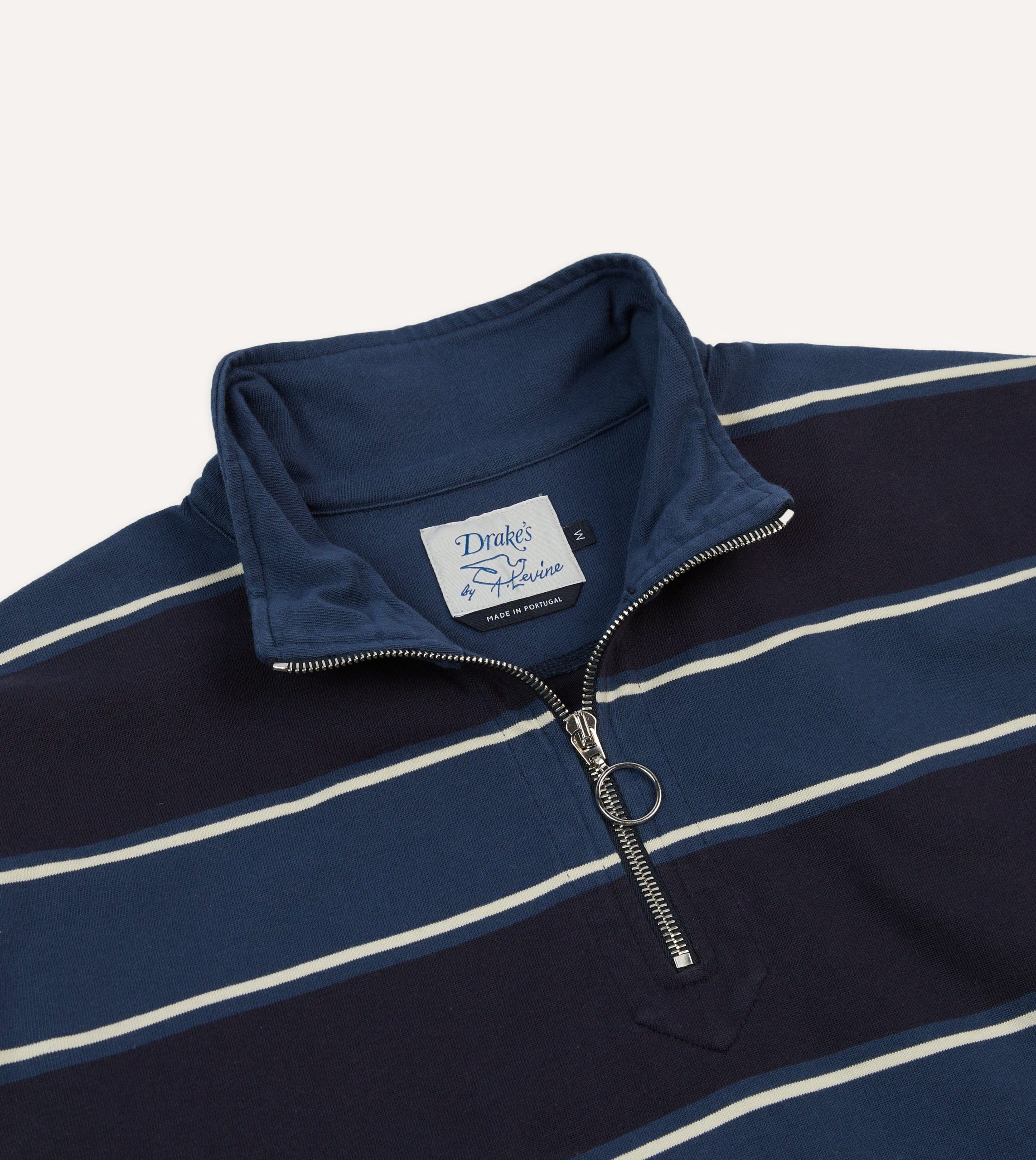Drake's by A. Levine Navy Stripe Cotton Quarter Zip Rugby Shirt - Image 3