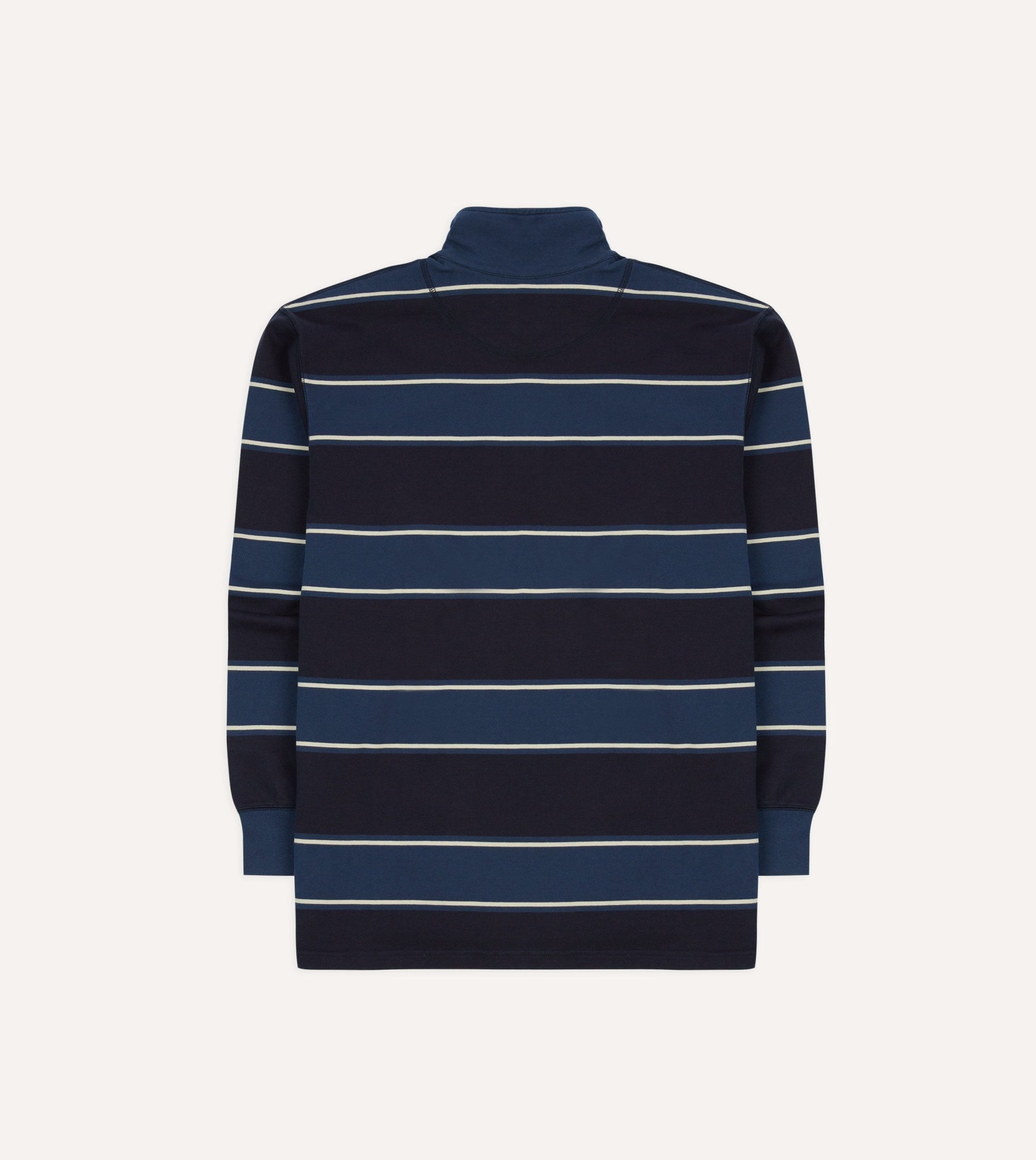 Drake's by A. Levine Navy Stripe Cotton Quarter Zip Rugby Shirt - Image 5
