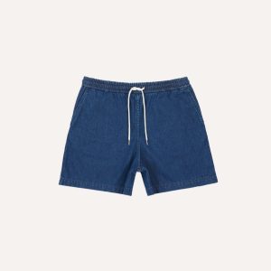 Stone Wash Indigo Cotton Drawstring Shorts