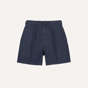 Washed Navy Cotton Twill Single-Pleat Shorts