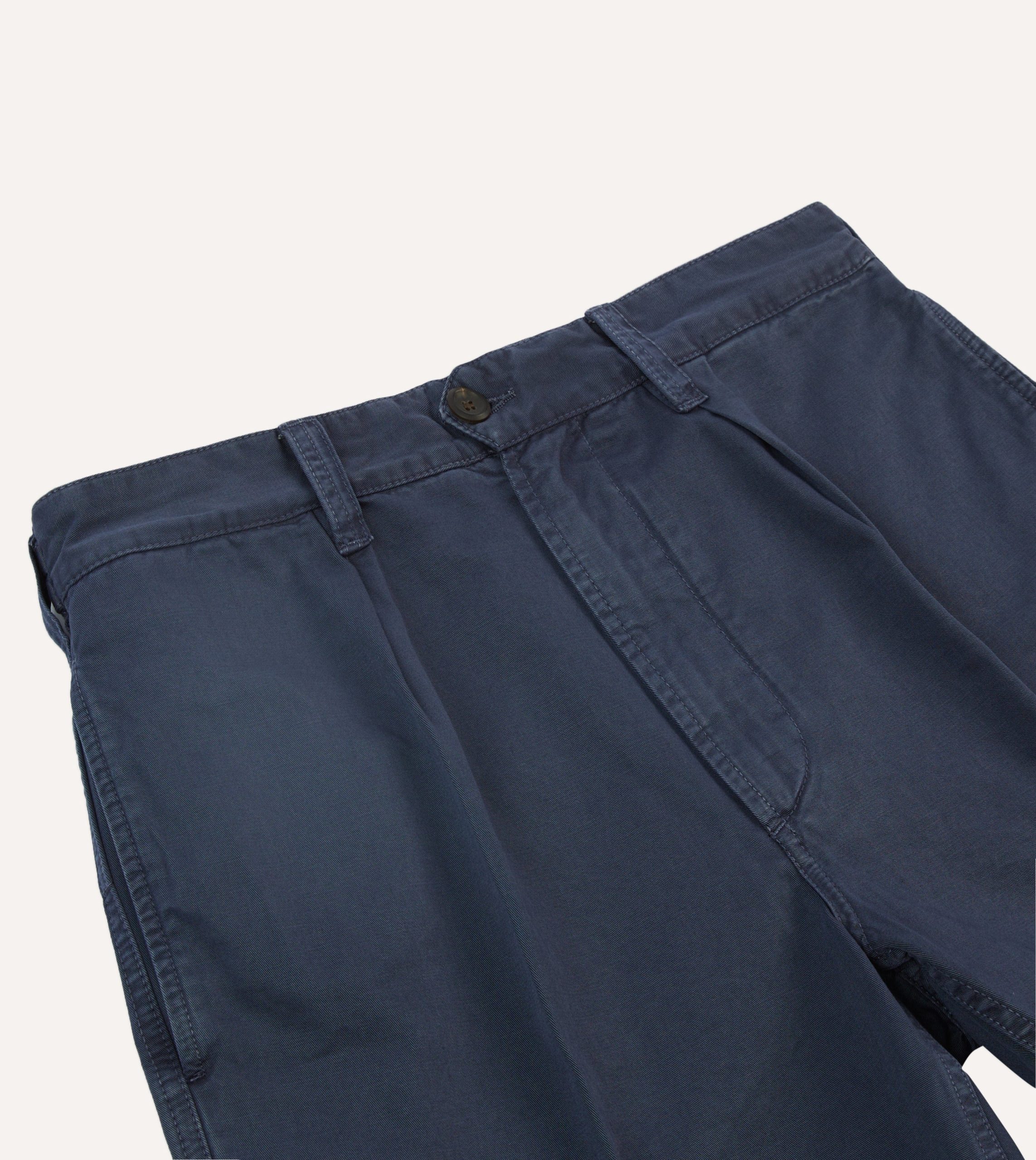 Washed Navy Cotton Twill Single-Pleat Shorts - Image 3