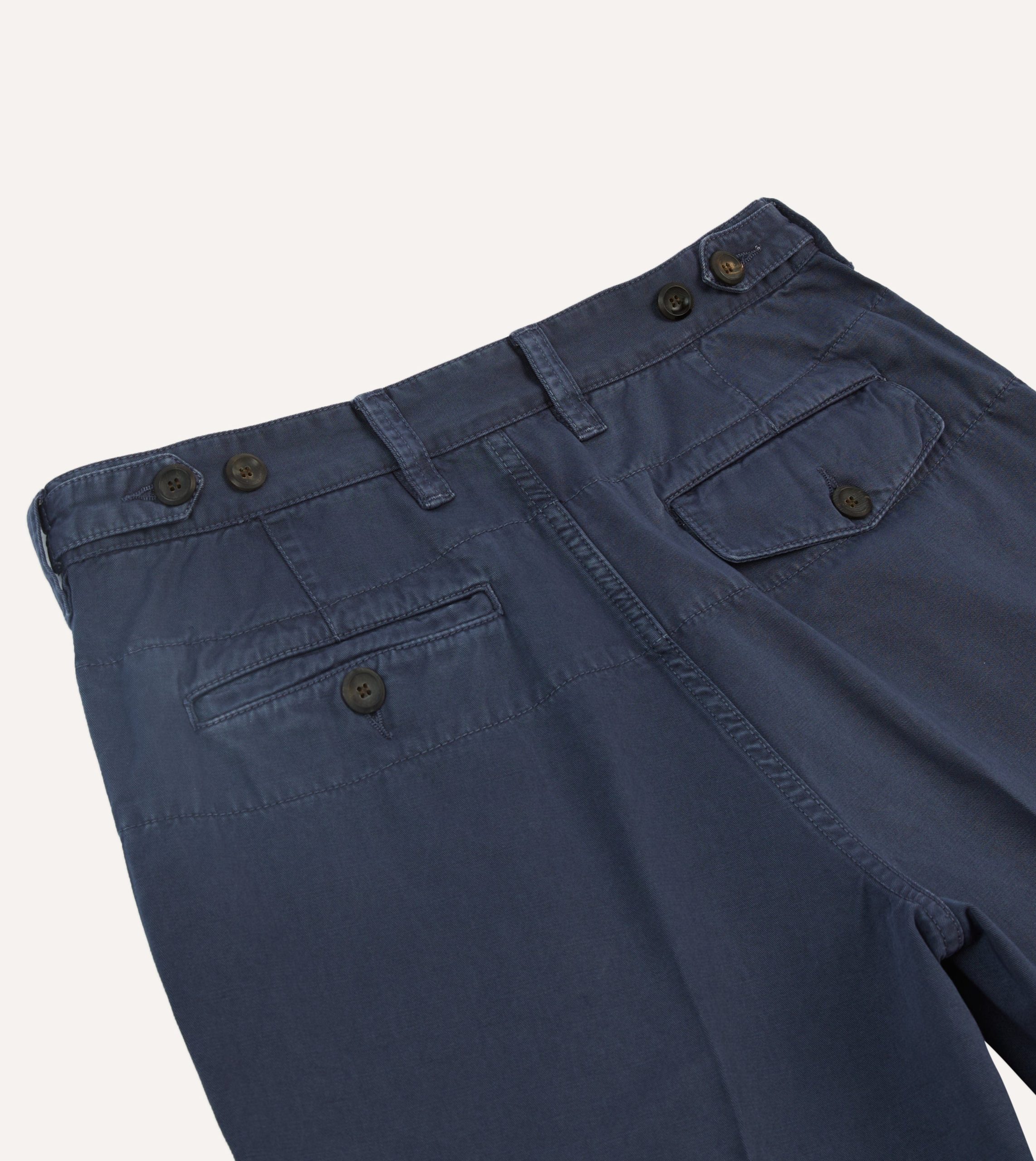 Washed Navy Cotton Twill Single-Pleat Shorts - Image 4