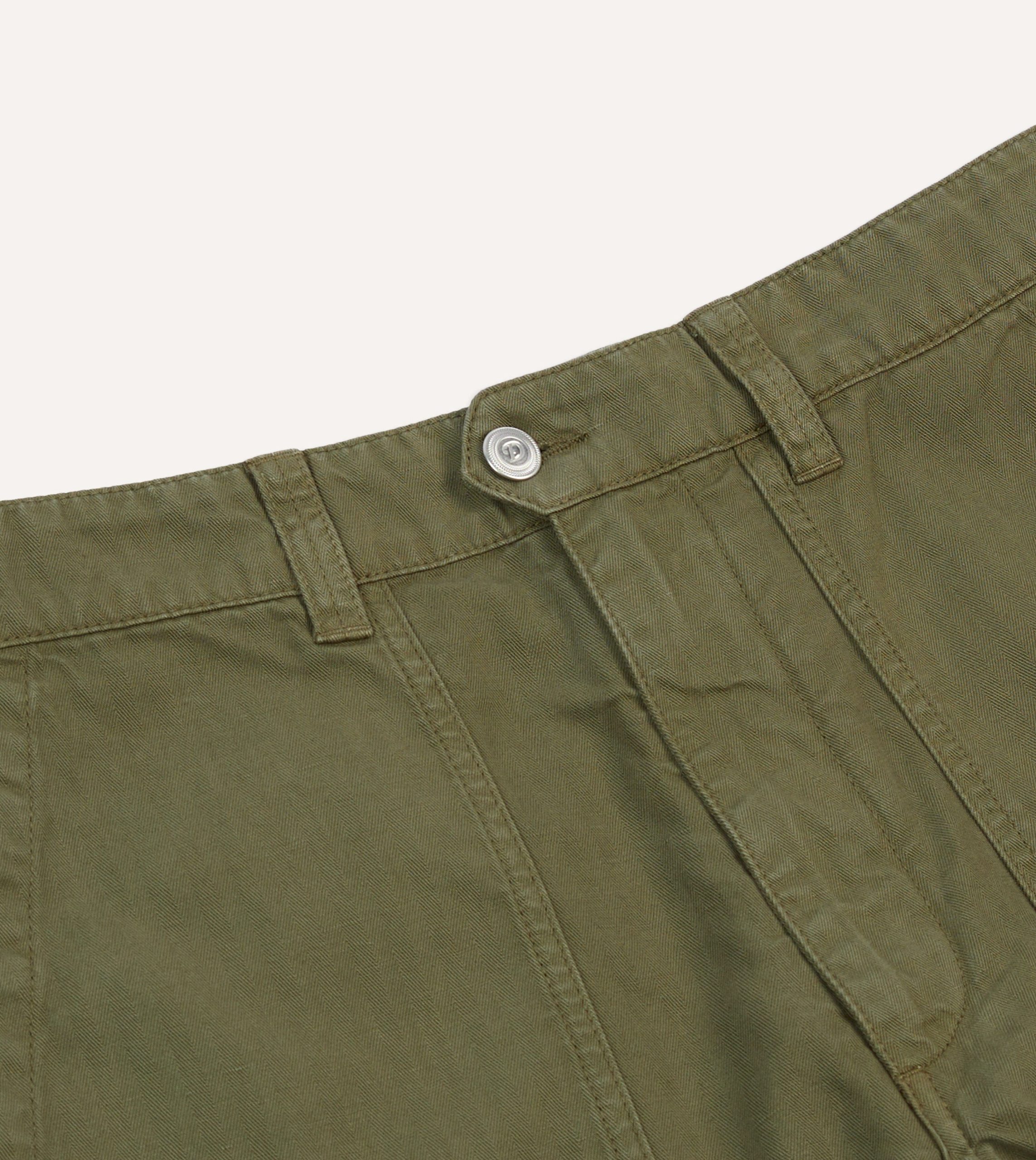 Olive Cotton-Linen Herringbone Fatigue Shorts - Image 3