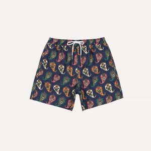 Geometric Paisley Print Nylon Drawstring Swim Shorts