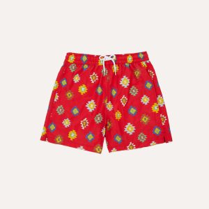 Red Kilim Print Nylon Drawstring Swim Shorts