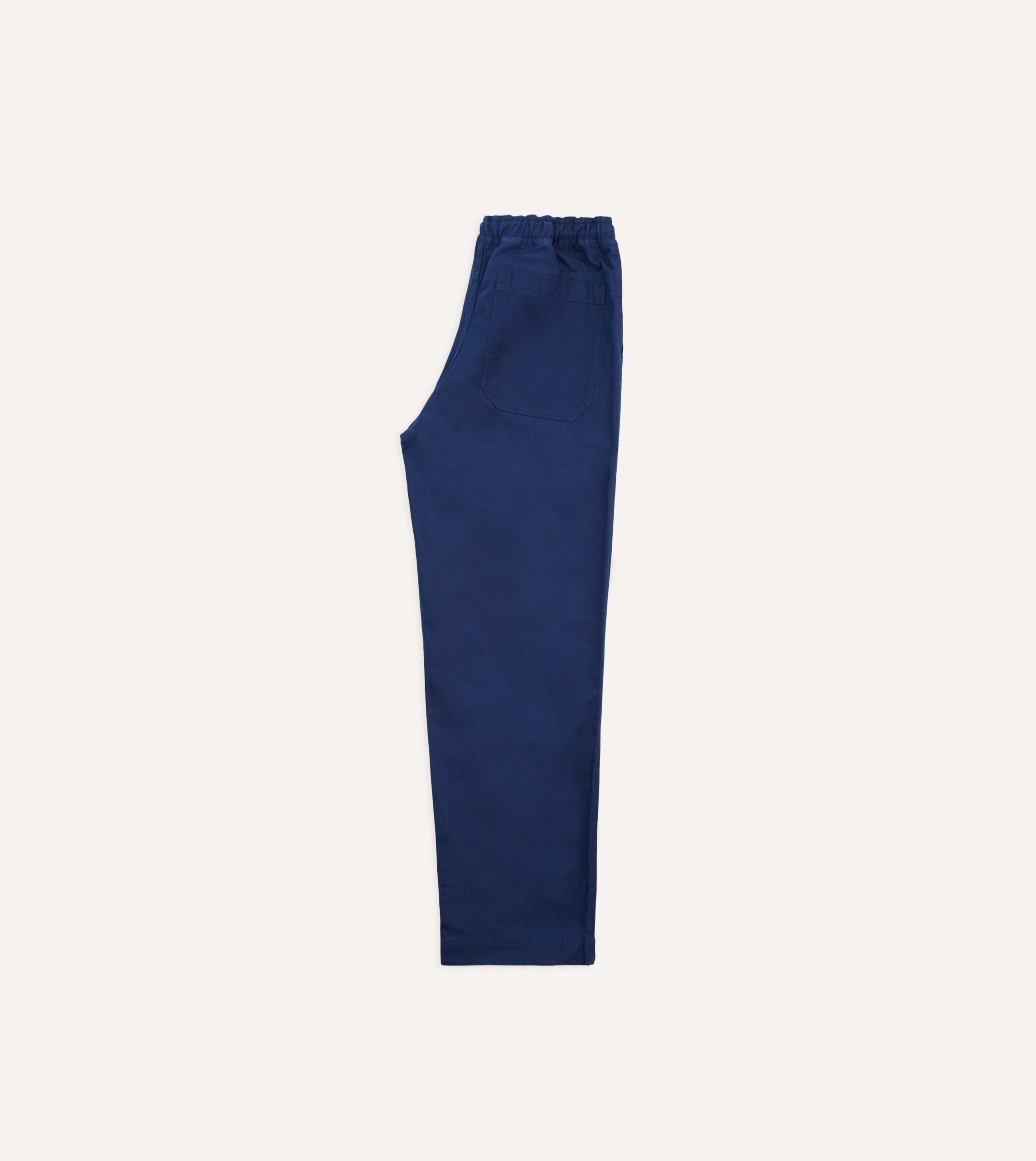 Navy Herringbone Twill Cotton Drawstring Trousers - Image 6