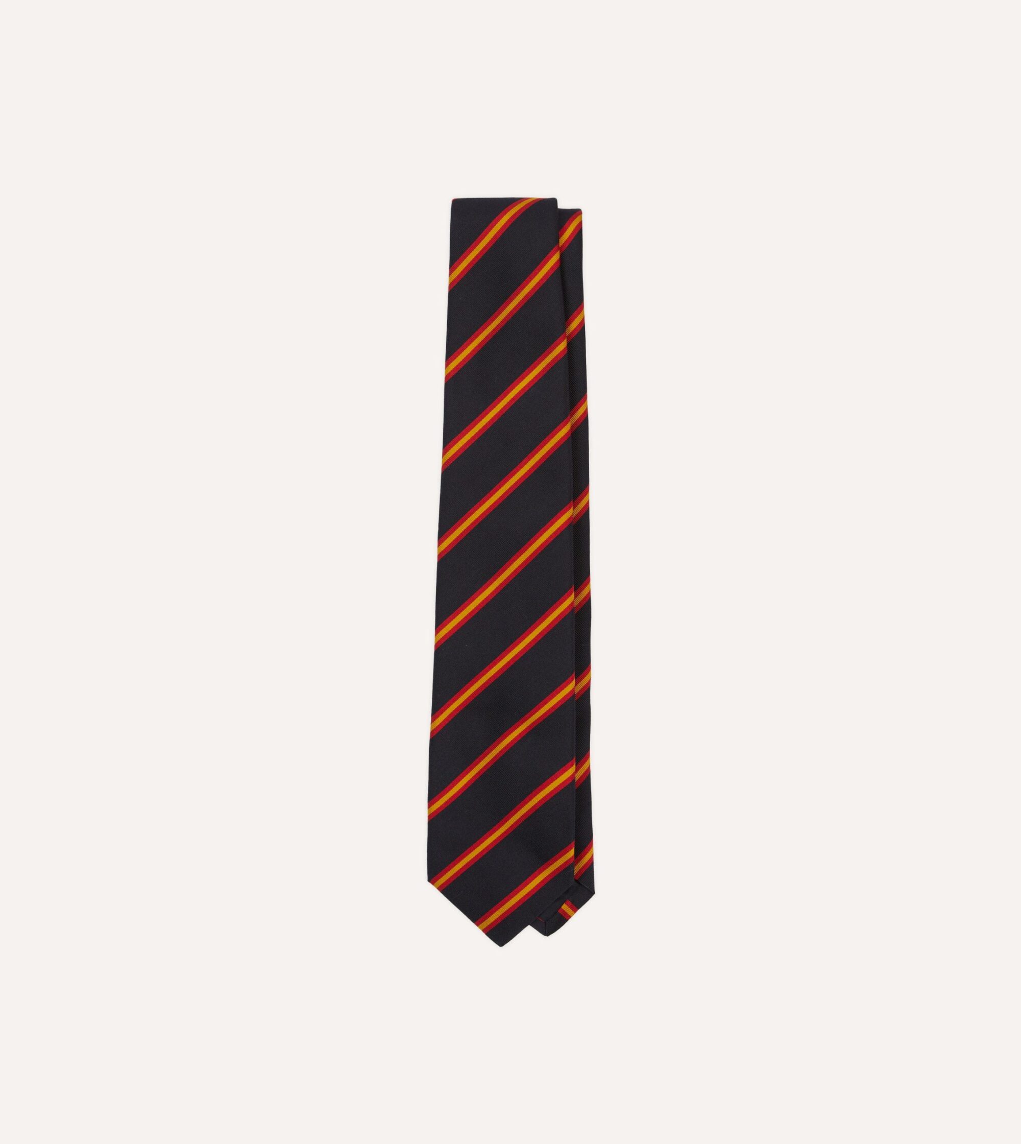 Navy. Red and Gold Sandwich Stripe Mogador Silk Tipped Tie
