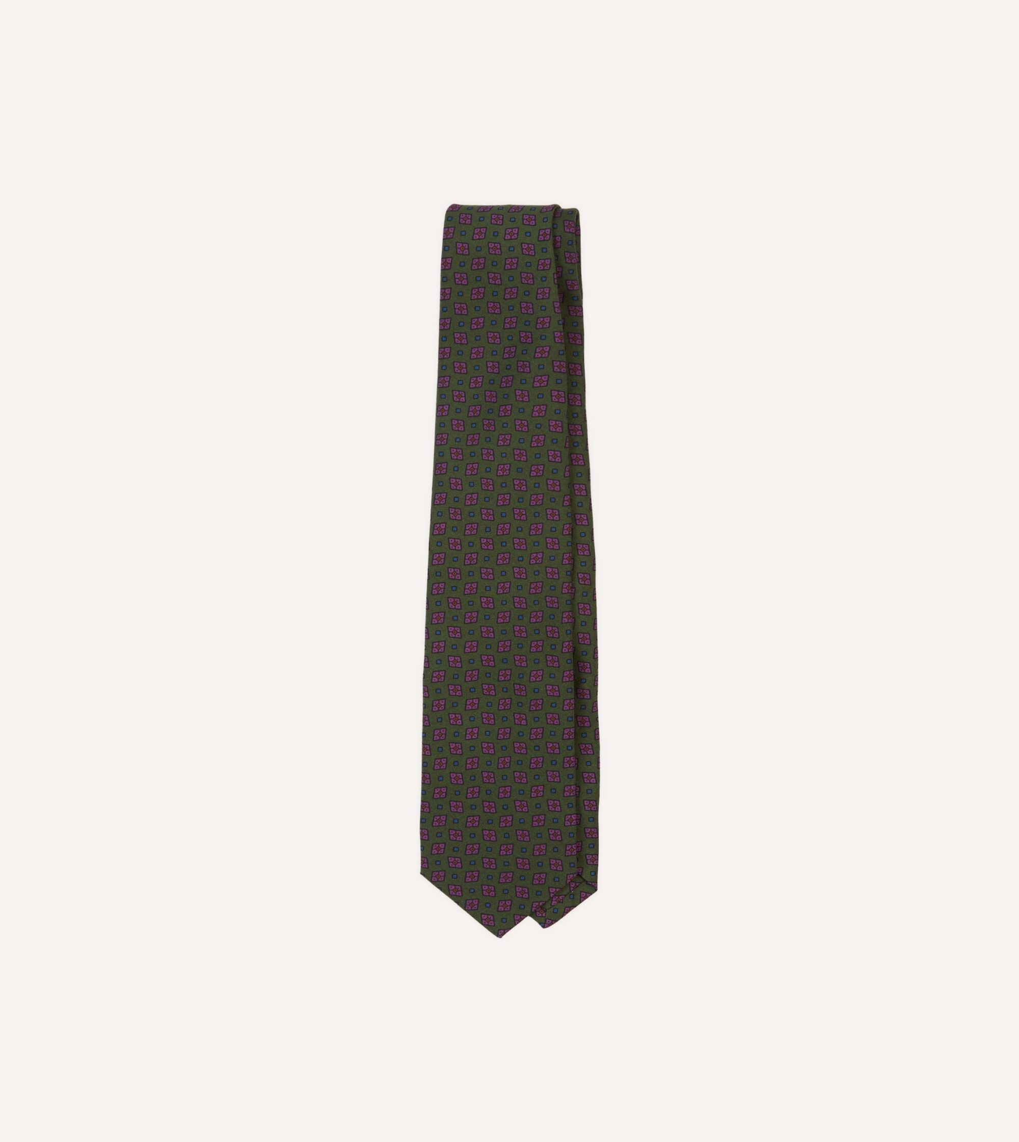 Green Medallion Print Silk Twill Self Tipped Tie