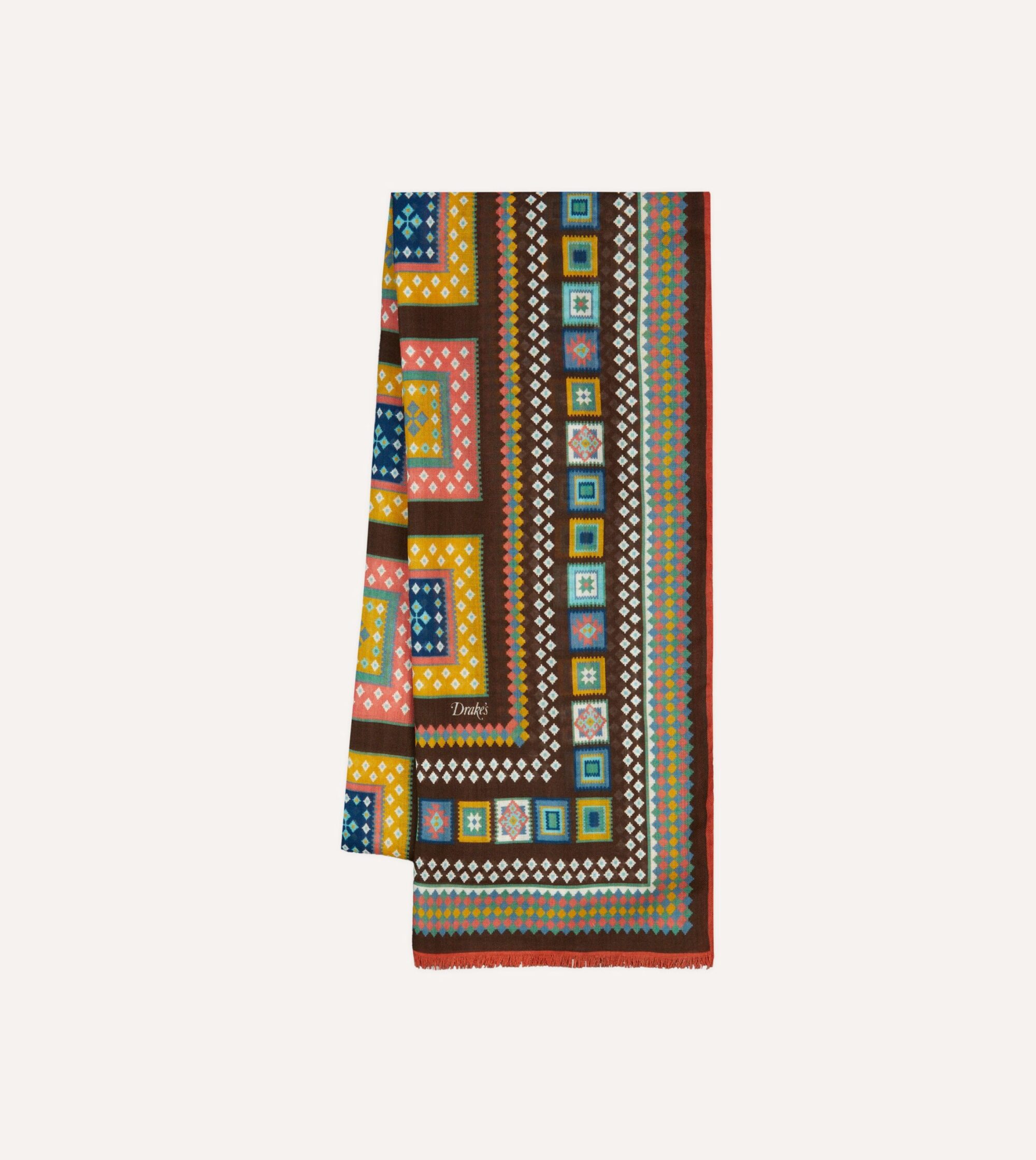 Brown Kilim Blocks Print Wool-Silk Scarf
