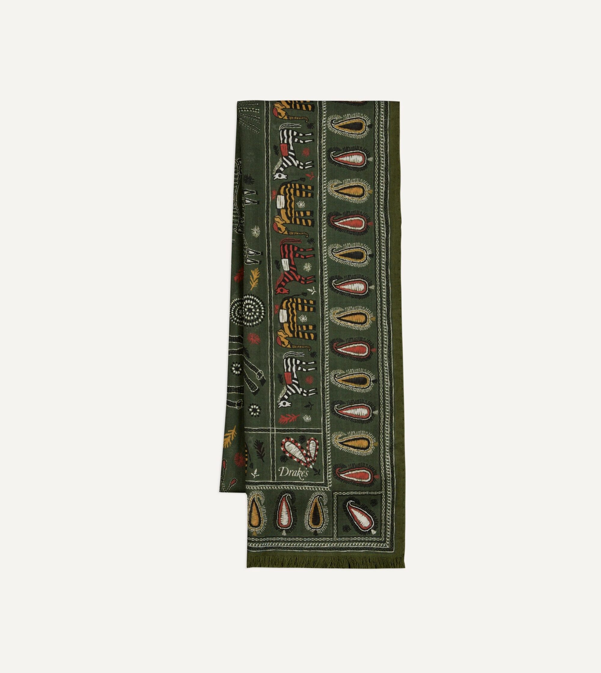 Green Rustic Elephant Print Wool-Silk Scarf