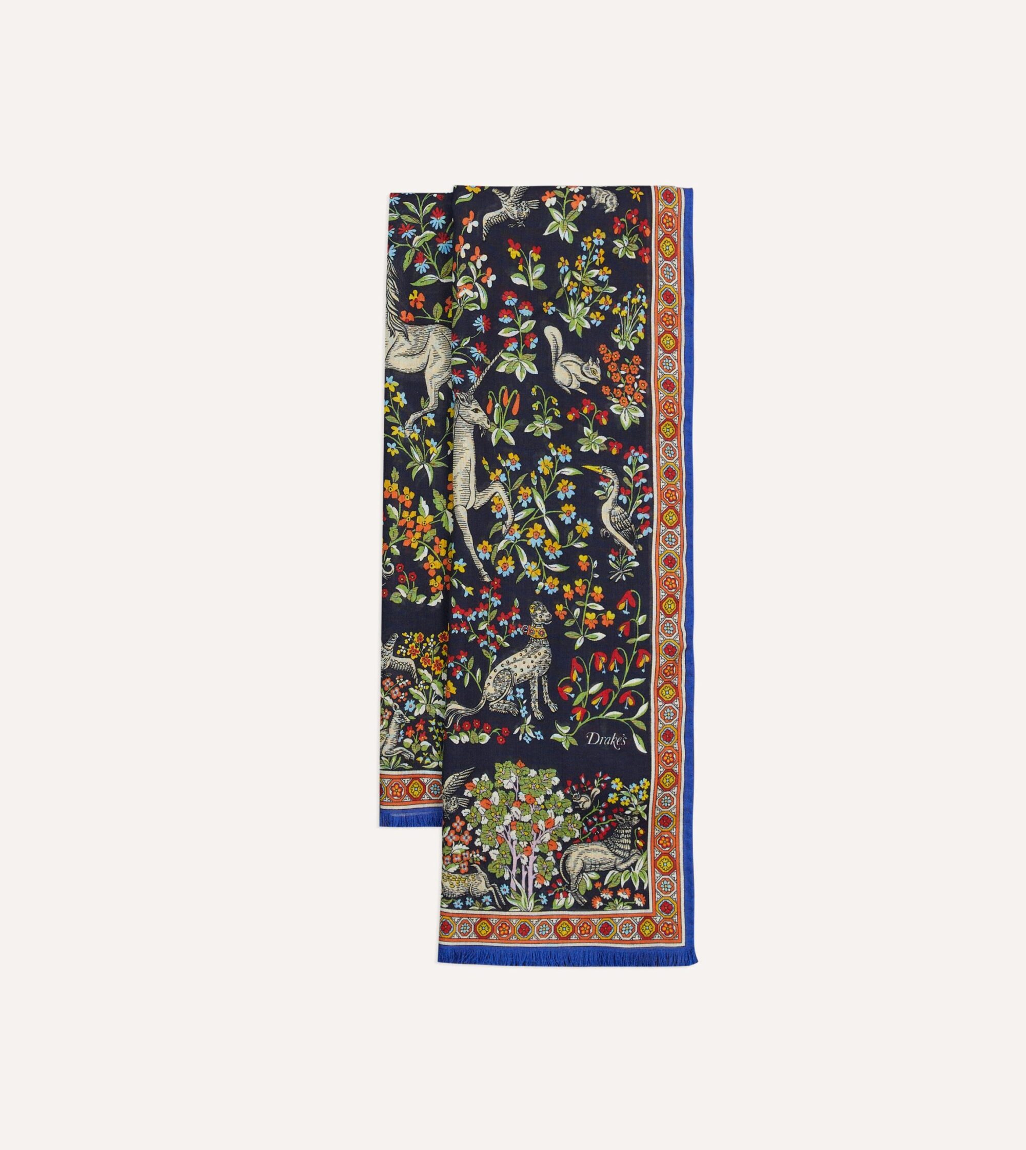 Navy Forest Animals Print Wool-Silk Scarf