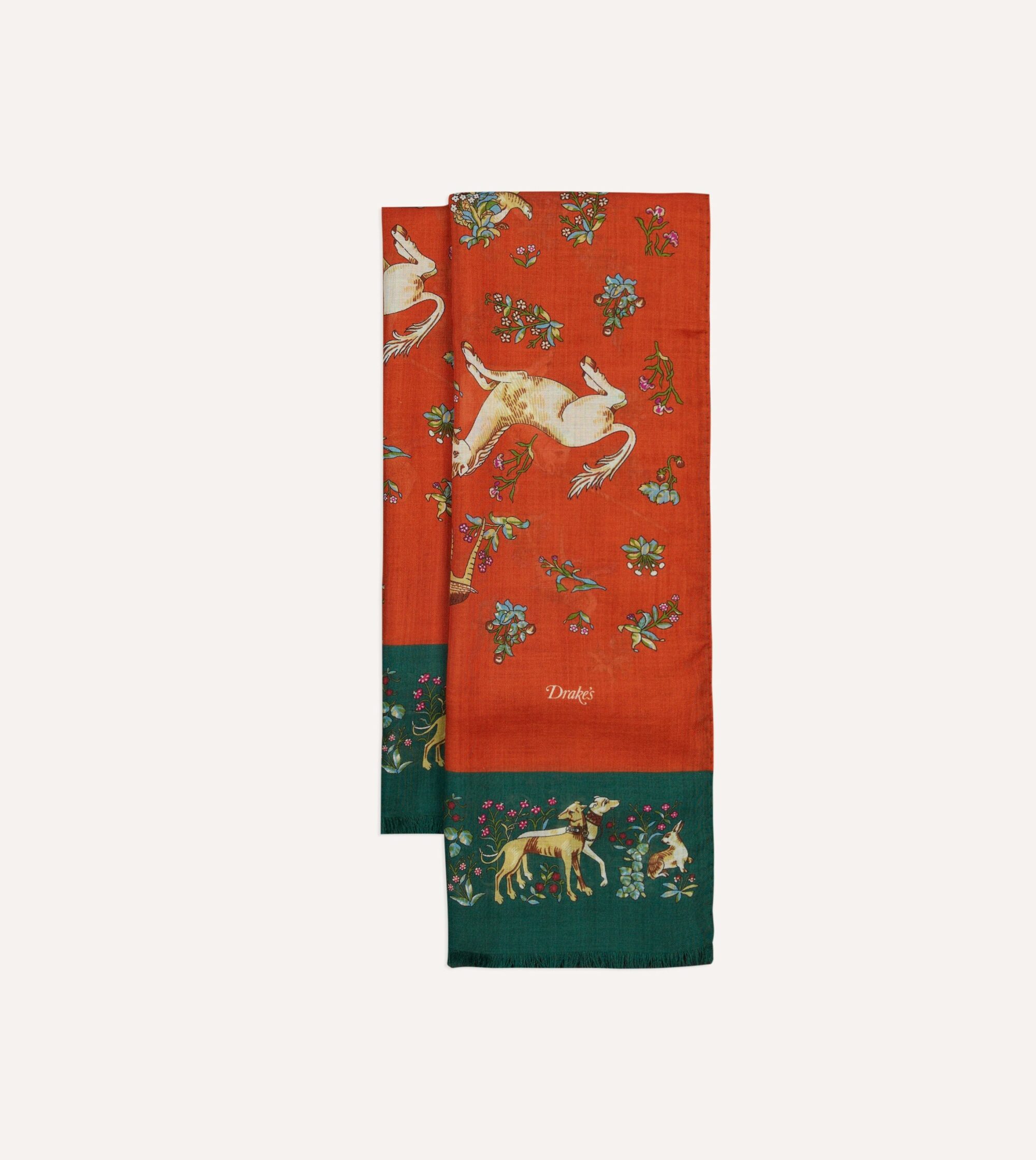 Orange and Green Unicorn Print Tubular Wool Silk Scarf