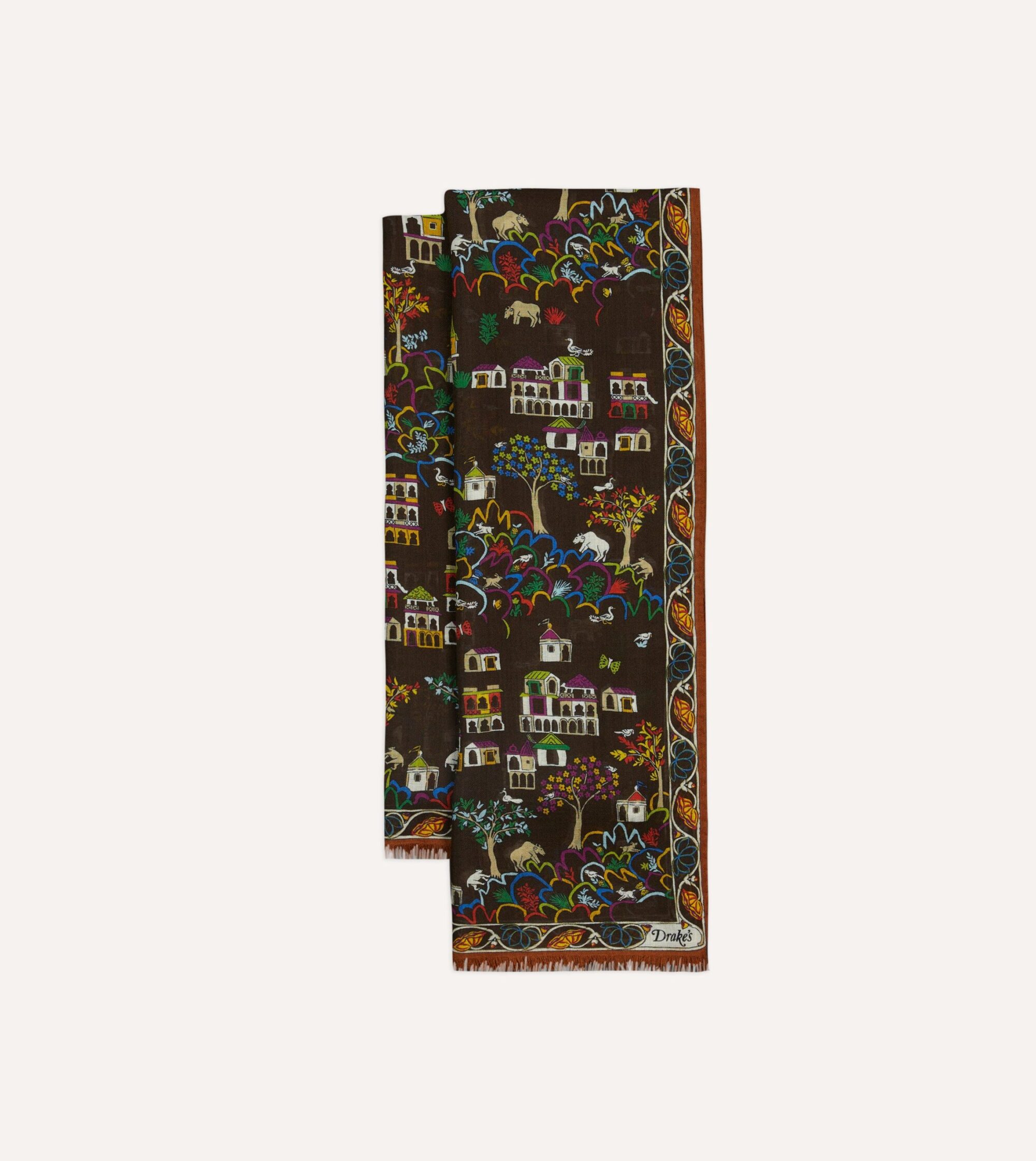 Brown Antique Village Print Wool Silk Scarf