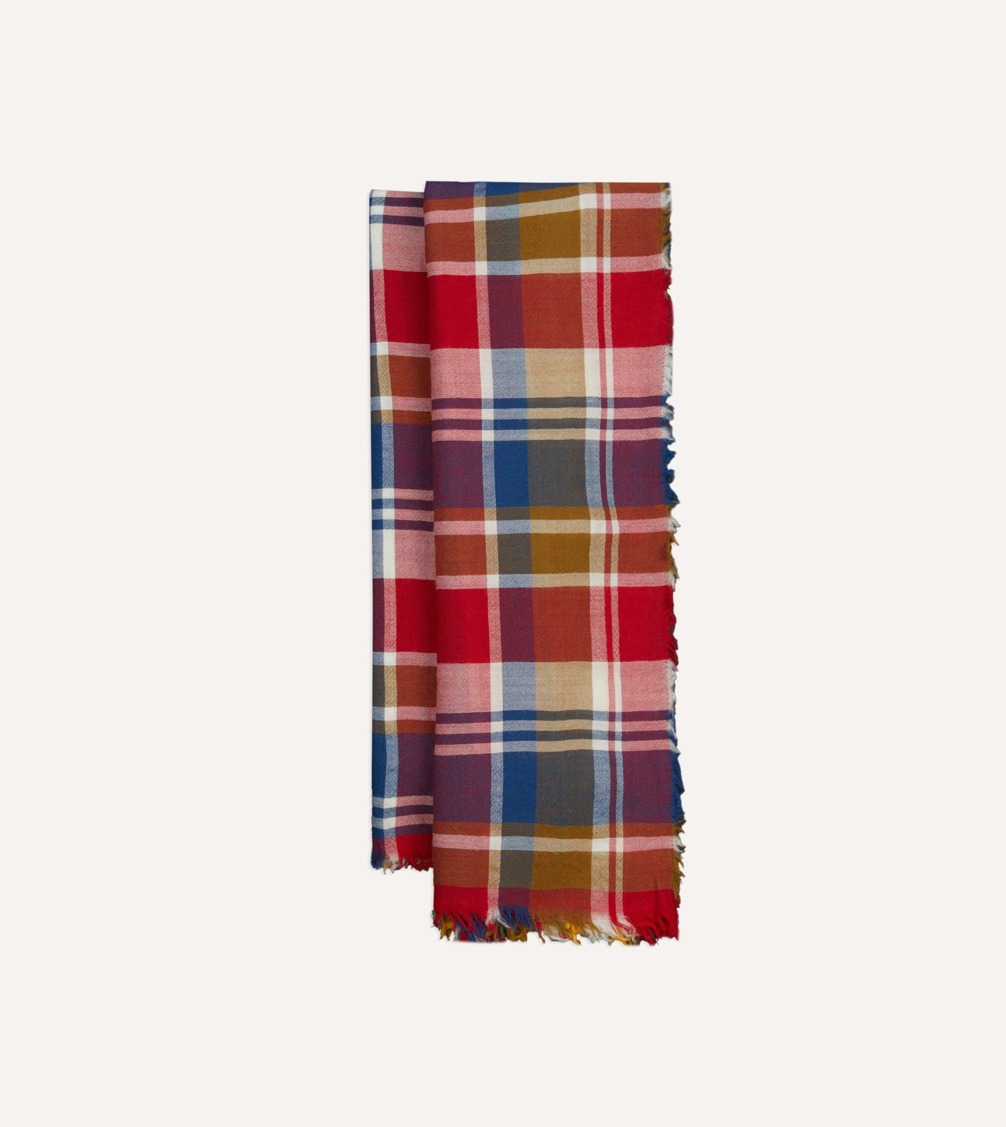 Red. Blue and Yellow Tartan Check Worsted Wool Scarf