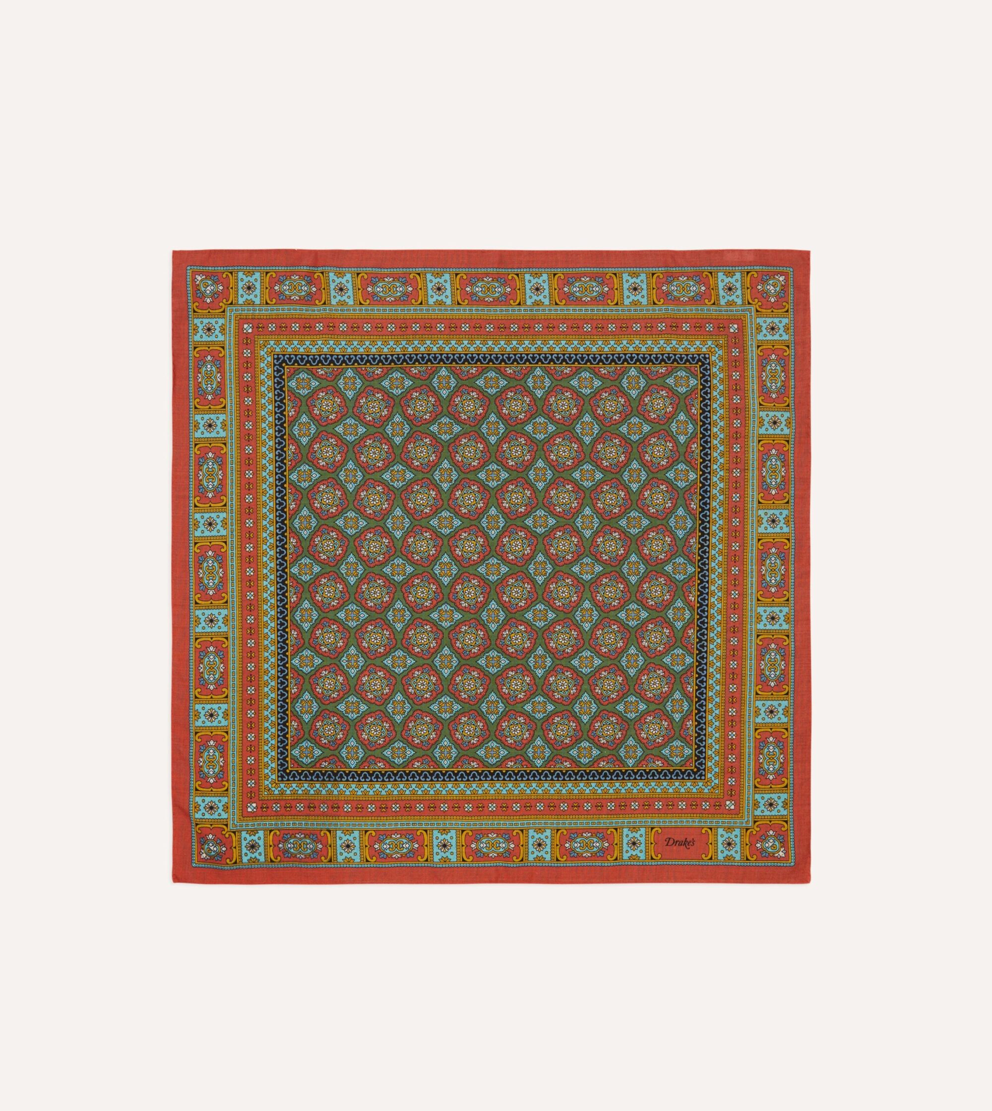 Red. Blue and Gold Floral Medallion Print Wool-Silk Bandana