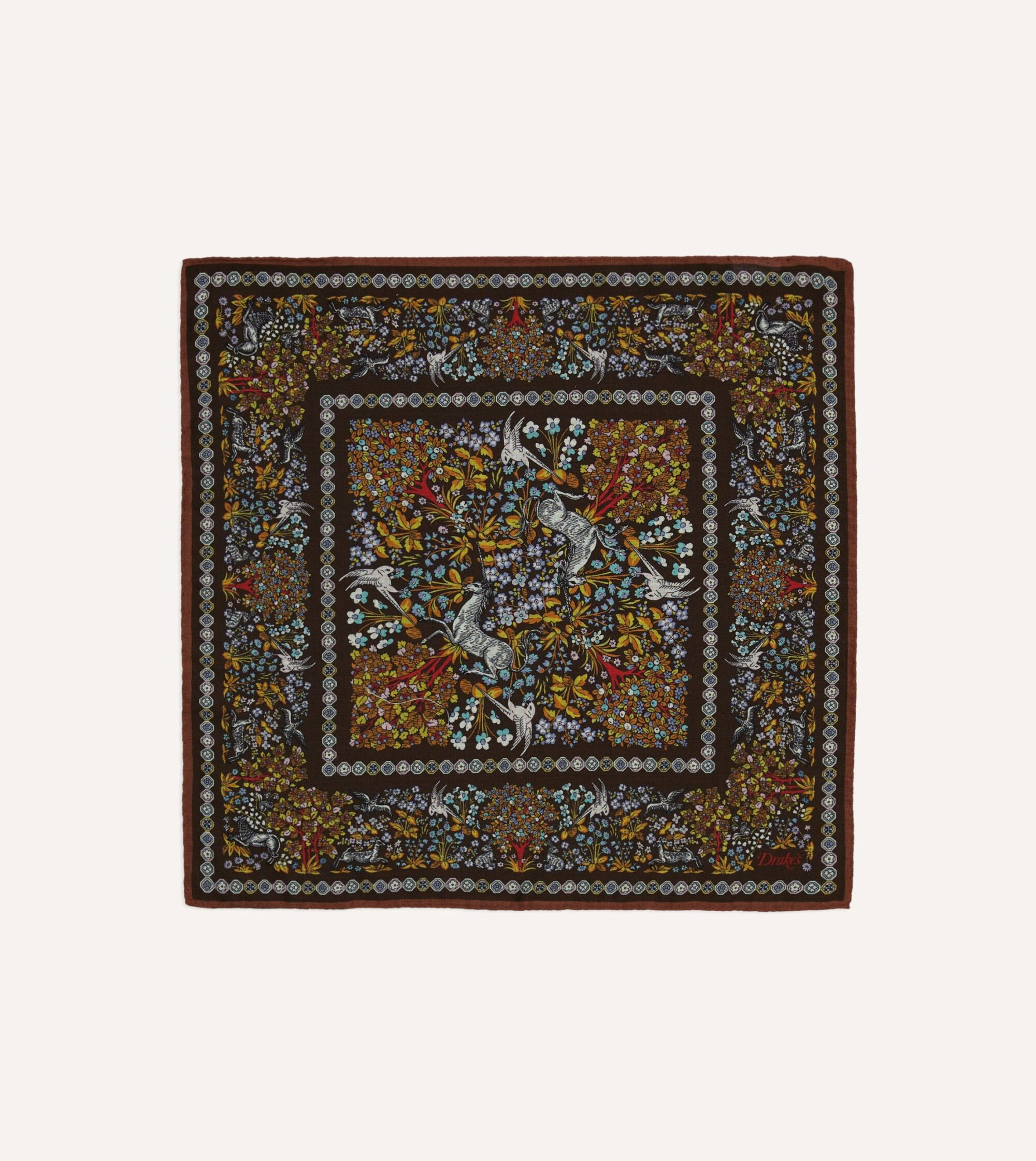 Blue Floral Unicorn Print Wool-Silk Pocket Square