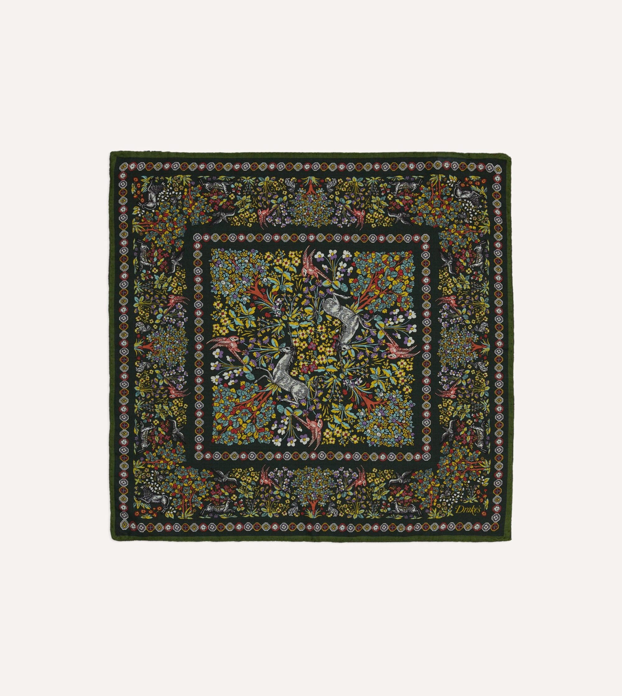 Gold Floral Unicorn Print Wool-Silk Pocket Square