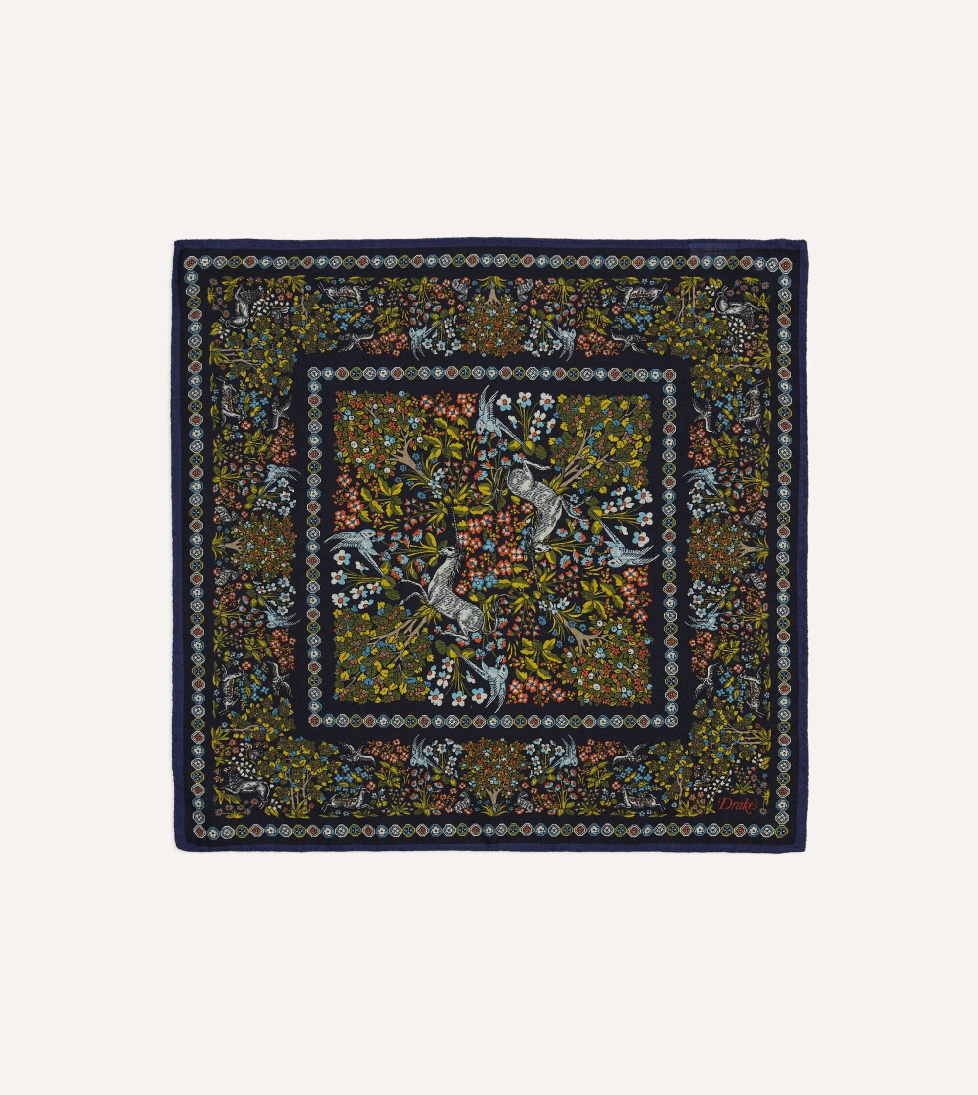 Orange Floral Unicorn Print Wool-Silk Pocket Square