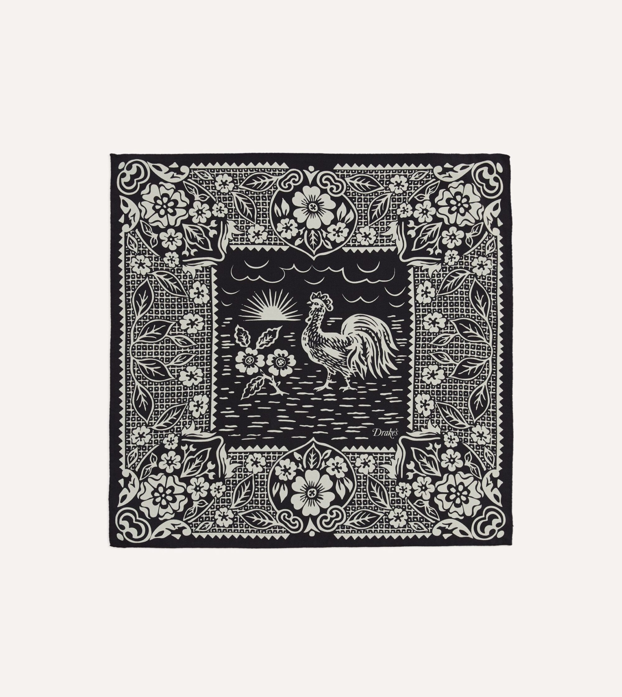 Navy Cockerel Print Silk Pocket Square