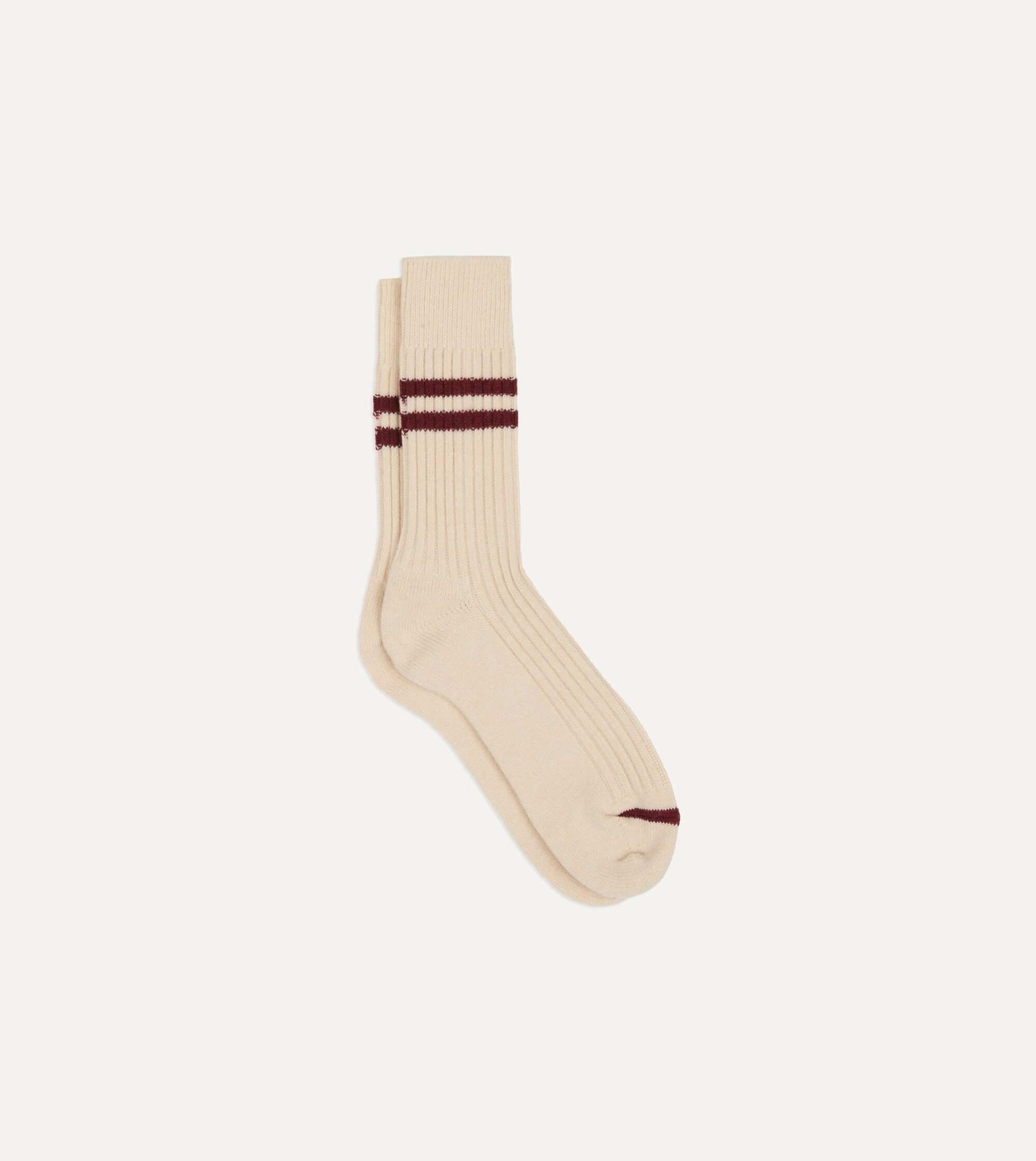 RoToTo Ecru and Red Merino Lambswool Stripe Socks