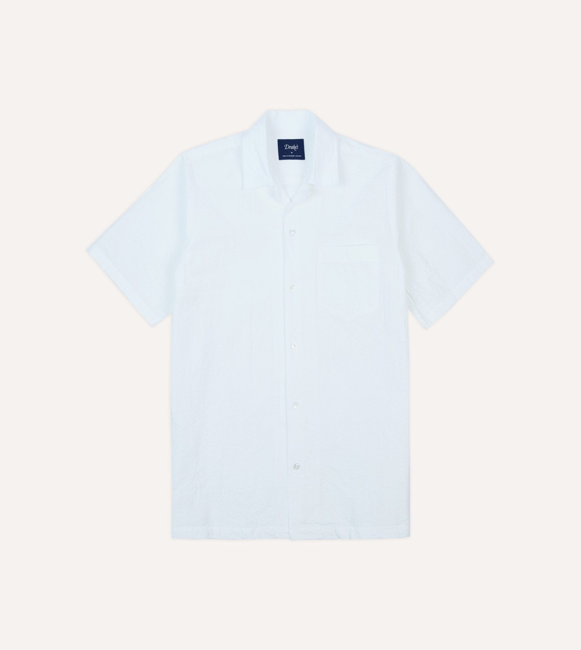 White Cotton-Linen Seersucker Camp Collar Short Sleeve Shirt